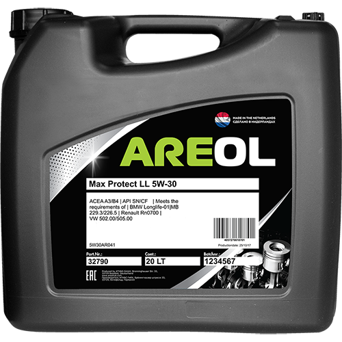 AREOL Max Protect LL 5W30 (20L) масло моторное! синт.\ ACEA A3/B4, API SN/CF, MB 229.3/226.5